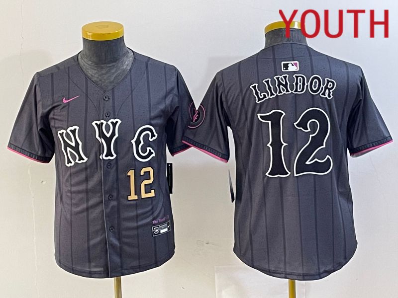 Youth New York Mets #12 Lindor Black City Edition 2024 Nike MLB Jersey style 4->youth mlb jersey->Youth Jersey